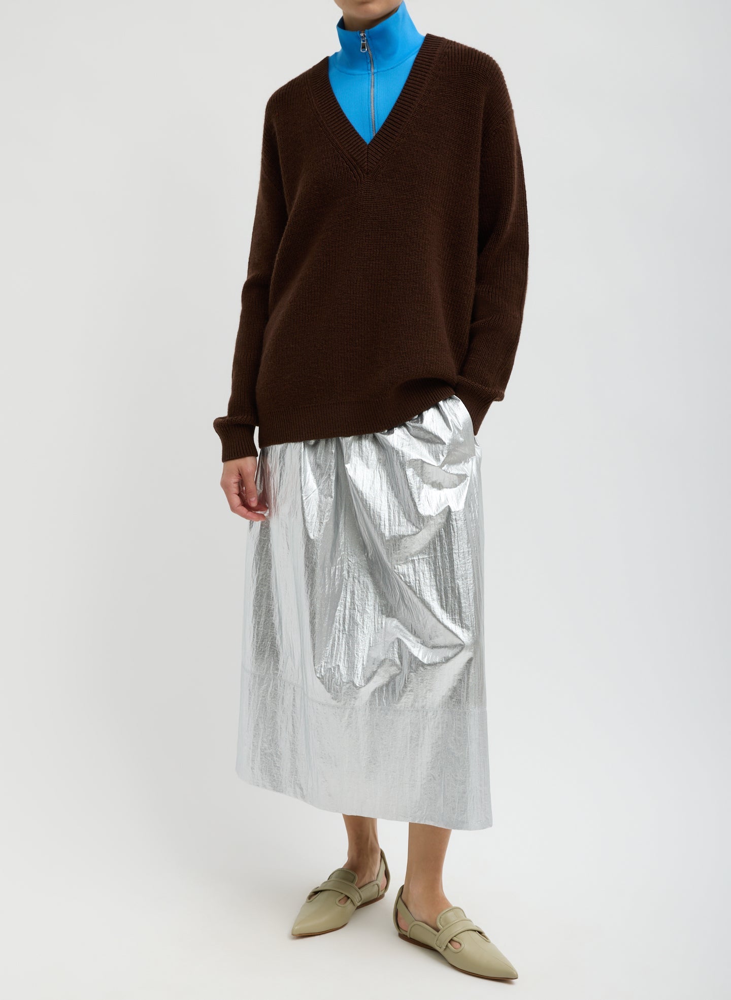 Silver Metallic Nylon Pull On Full Skirt | Tibi Silver