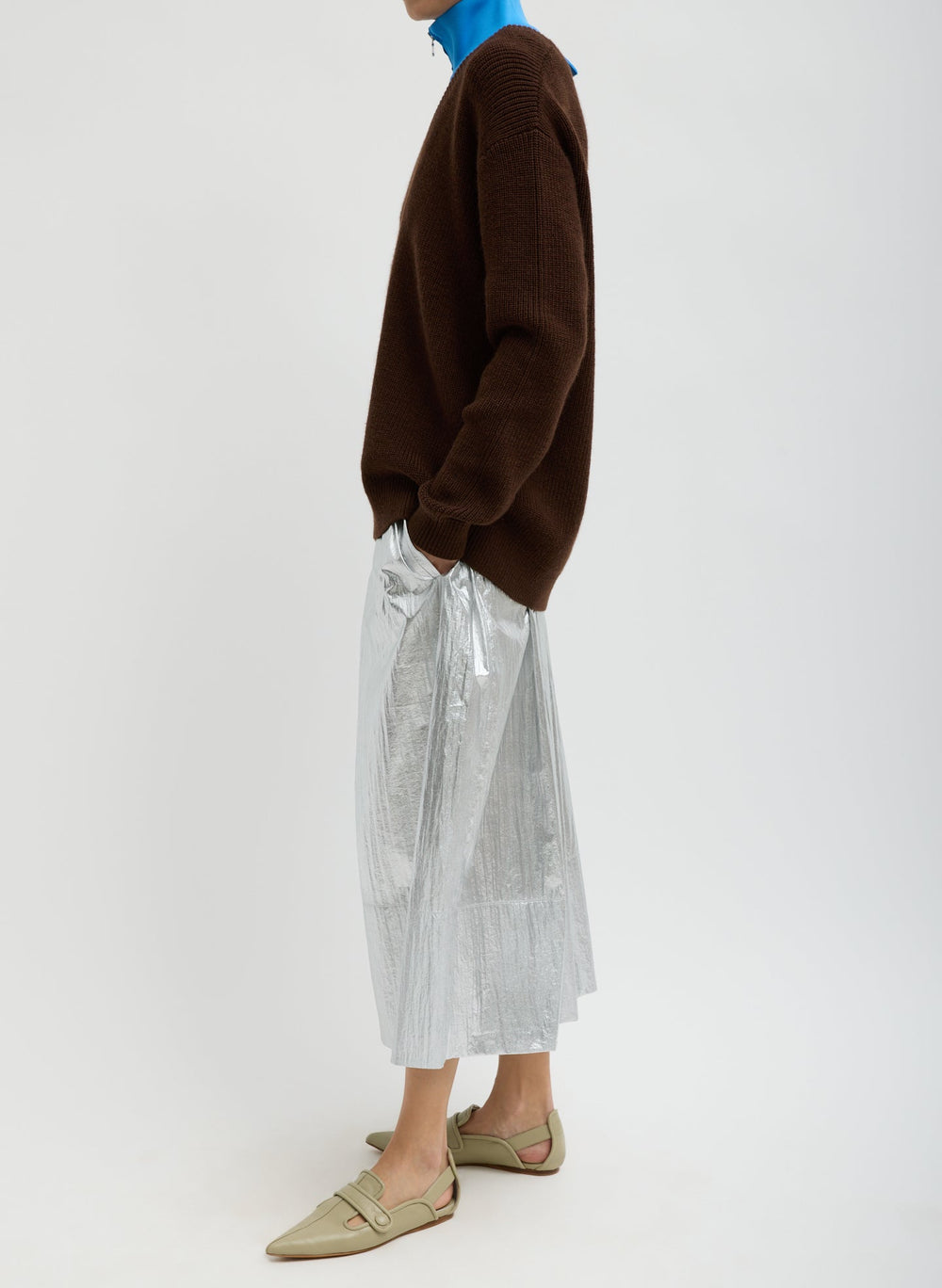 Silver Metallic Nylon Pull On Full Skirt | Tibi Silver