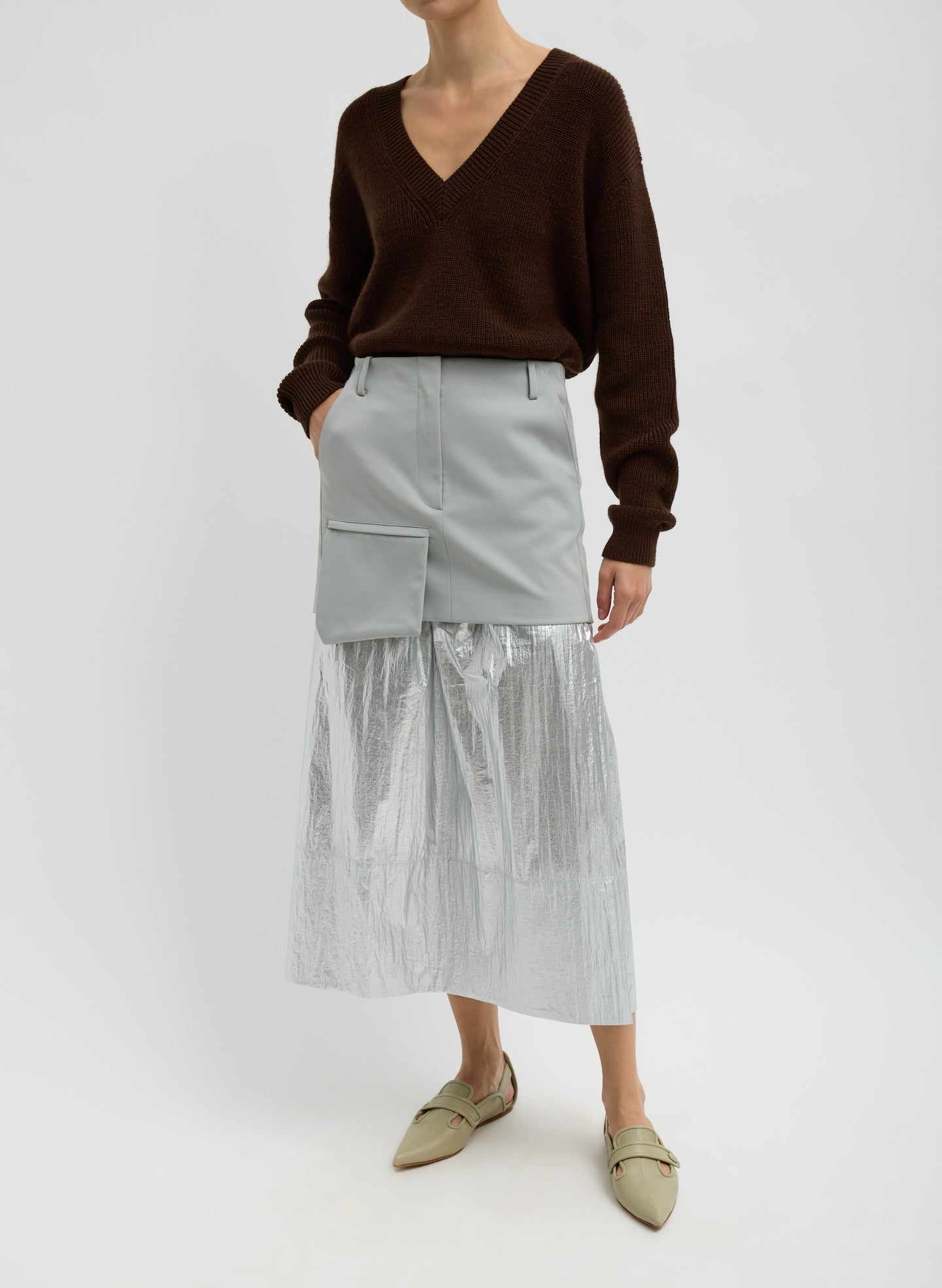 Silver Metallic Nylon Pull On Full Skirt | Tibi Silver