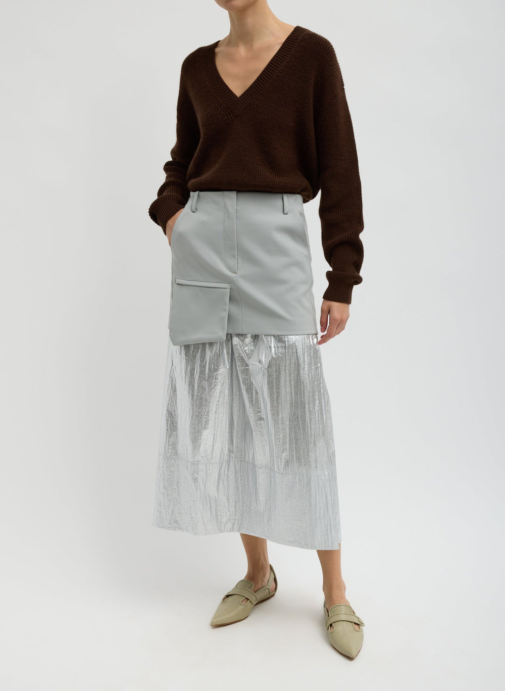 Silver Metallic Nylon Pull On Full Skirt | Tibi Silver