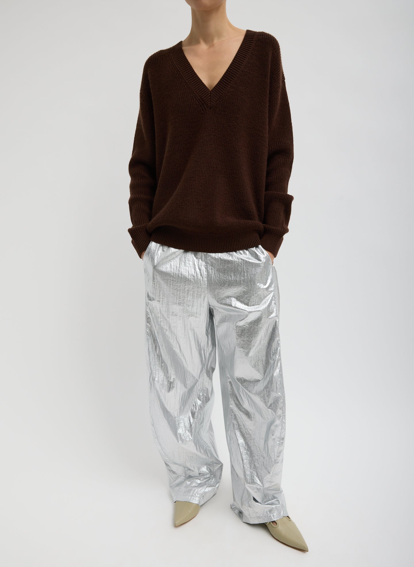 Silver Metallic Nylon Winslow Pant | Tibi Silver